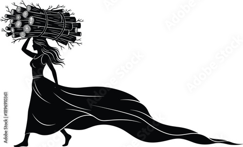 Woman carrying bundle of firewood on head, rural life silhouette, graceful female figure in long dress, village labor, vector illustration isolated on white