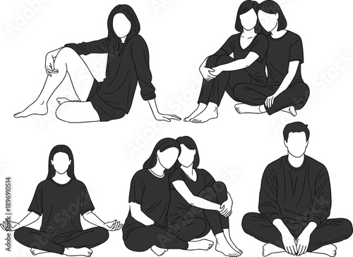 Seated pose collection, emotional connection, relaxed posture, black silhouettes, cross-legged figures, comforting gesture, minimal design, human interaction, flavector, illustration set