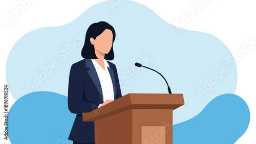 Professional businesswoman or politician delivering a speech from a wooden podium during a conference or press event.
