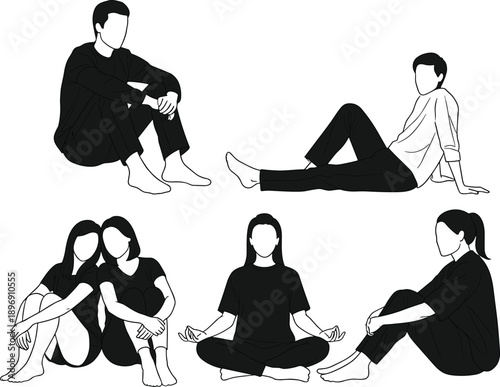 Seated pose silhouettes, relaxed posture, contemplative sitting, black illustration, casual figures, body language, minimal design, posture study, flavector, seated people