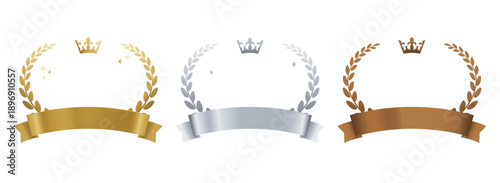 金銀銅の王冠付きリボンバッジセット 高級表彰フレーム ベクター素材