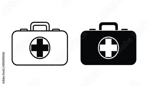 Medical first aid kit icons in black and white for health and emergency care symbols