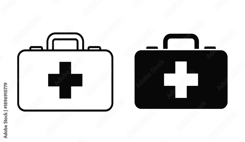 Obraz premium Two medical first aid kit icons in black and white with cross symbol on isolated for health and medical concepts