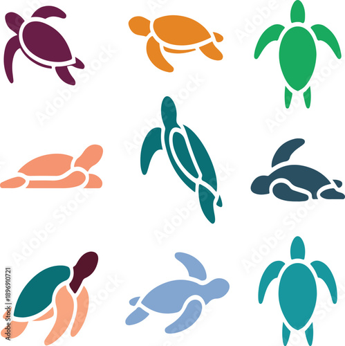 Colorful turtle icons in various colors and styles  sea turtles  marine animals  wildlife  turtles
