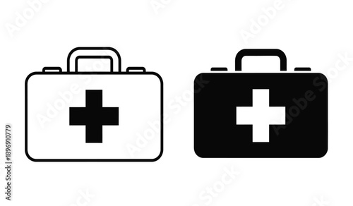 Two medical first aid kit icons in black and white with cross symbol on isolated for health and medical concepts