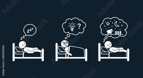 Man sleeping and dreaming in bed with different thought bubbles.