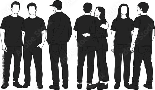 Standing pairs, casual silhouettes, black clothing, gesture pose, rear view, character modeling, fashion design, body language, interaction study, flavector