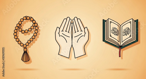 Islamic symbols of prayer beads open book and praying hands.