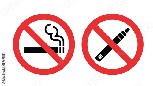 Two red circular prohibition signs for smoking and vaping.