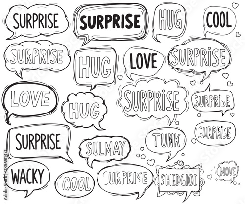 A collection of cartoon speech bubbles with various words and phrases