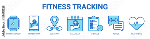 Fitness Tracking web banner icon vector illustration concept with icon of fitness watch, fitness app, location, calendar, checklist, advice, and heart rate.