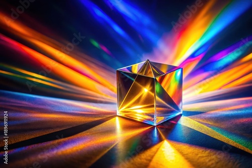 A multifaceted crystal prism refracts vibrant light rays, casting a spectrum of colors onto a reflective surface, creating an abstract visual display of radiant energy