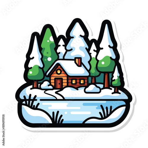 Cabin in the Snowy Forest Scene.