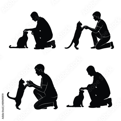 Interactive pet care silhouette set: veterinary & grooming human-animal bond vector icons