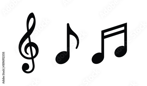 Three black musical notes on a, treble clef and eighth notes