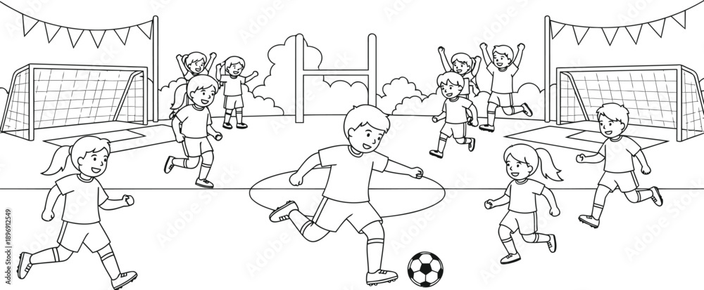 Obraz premium Kids playing soccer on field with goal posts