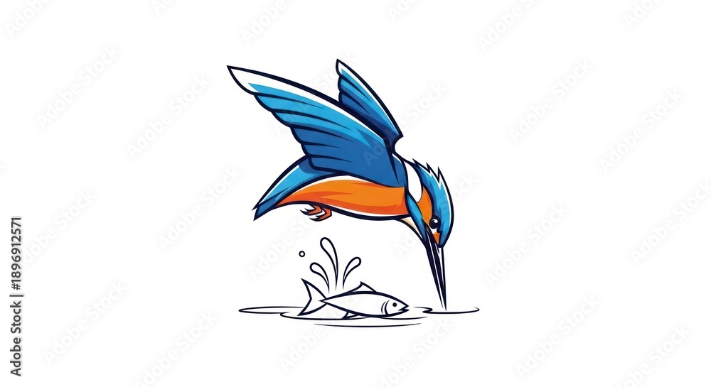 Obraz premium Kingfisher diving for fish in blue and orange, minimal illustration