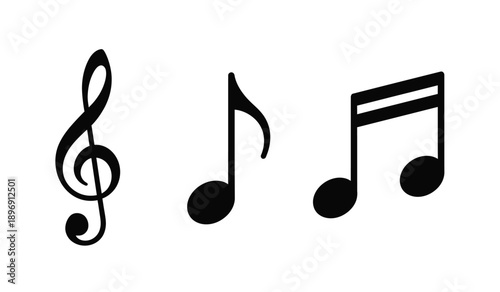 Black music notes on a, treble clef and eighth notes symbolizing harmony and melody in a simple design