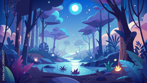 Very beautiful dreamlike fantasy forest at night where moonlight, mist, and glowing plants blend together, creating a peaceful and mysterious world filled with quiet magic.