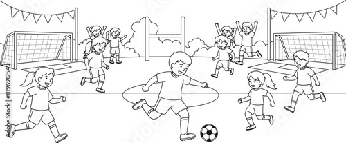 Kids playing soccer on field with goal posts