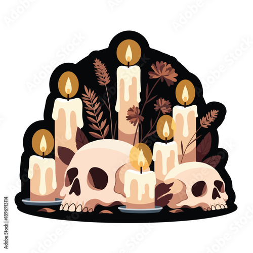 Candlelit Skulls with Leaves and Candles.