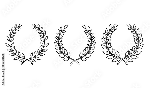Three black line drawn laurel wreaths with ribbons on for awards or celebrations