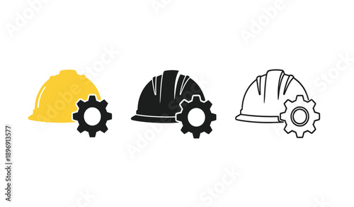 Three construction hard hats with gear icons in yellow, black, and white colors, symbolizing industry and engineering