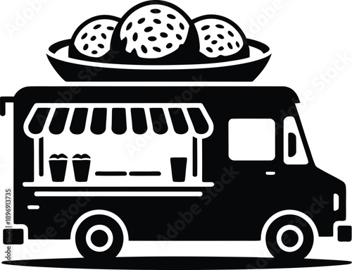 A black silhouette of a food truck with a striped awning topped by large meatballs.