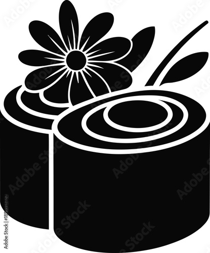 A minimalist black silhouette features two sushi maki rolls decorated with a large, blooming flower.