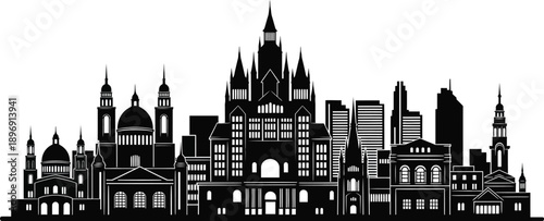 Black and white silhouette of a city skyline with various buildings and towers