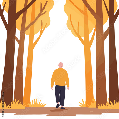 Man walking through autumn forest with yellow trees and sunlight. Elderly set