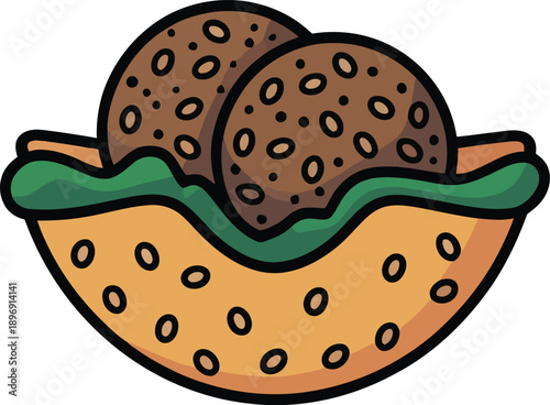 This colorful illustration features two crispy brown falafel balls nestled in a pita with fresh lettuce.