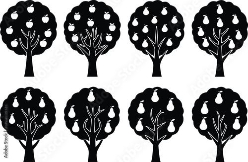Black silhouette fruit tree icons set, apple and pear orchard illustrations, minimal vector design for logos, patterns, branding use projects