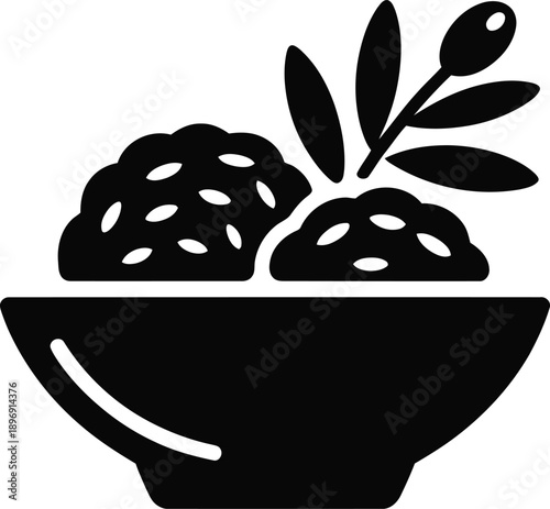 A black and white silhouette shows a bowl filled with nutritious grains and a decorative olive branch.