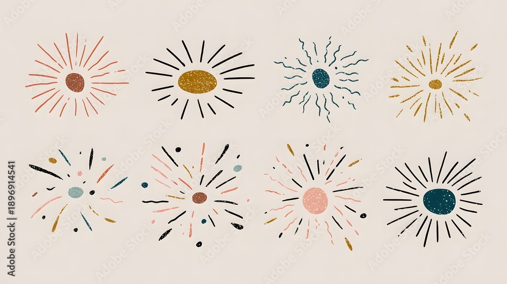Obraz premium Colorful hand drawn starburst shapes arranged in abstract decorative composition.