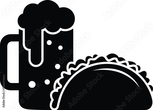 A classic combination of a tall, frothy beer mug beside a delicious taco with scalloped edges.