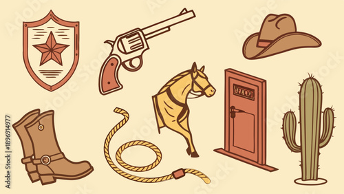 Rustic Western Cowboy Icons Set for Wild West Themed Game Design Adventure Poster or Vintage Saloon Web Banner Design