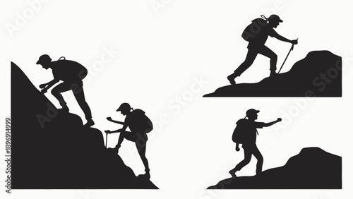 Silhouette Hikers Climbing Steep Mountains with Backpacks for Adventure Travel Web Design and Outdoor Sports Promotion
