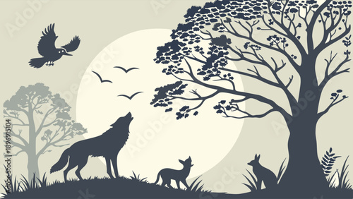 Mystical Wolf Howling at Full Moon Silhouette Under Dark Tree for Nature Website Design or Fantasy Story Illustration