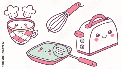 Cute Kawaii Kitchen Appliances and Cooking Utensils for Breakfast Cafe Menu Design or Recipe Blog Graphics