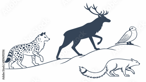 Arctic Wildlife Migration Scene with Wolf Deer Owl and Fox for Nature Education Ecology Design Projects