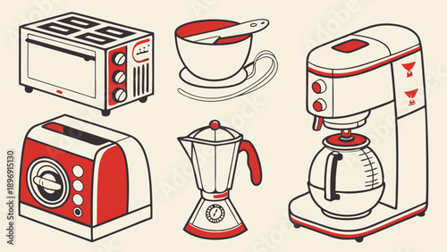 Retro Kitchen Appliances Icons Set Toaster Coffee Maker Mixer for Cafe Menu Web Design Home Cooking Graphics