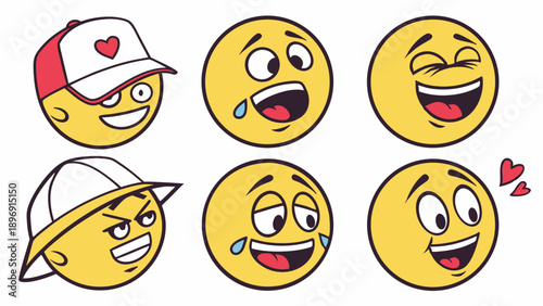 Six Yellow Emoji Faces Showing Happy Laughter Joy Winking Cool Guy Expressions for Web Design Social Media Content