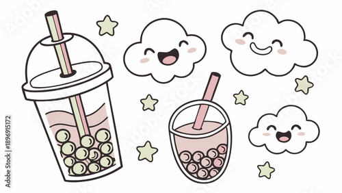 Cute Kawaii Bubble Tea Stickers for Cafe Menus Happy Clouds Summer Drink Design for Youth Lifestyle Branding