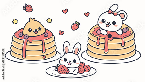 Cute Kawaii Animals Chicks and Bunnies on Strawberry Pancakes for Cafe Menu Design or Childrens Party Invitation