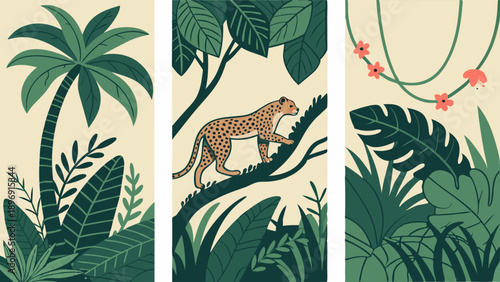 Lush Tropical Jungle Scene with Leopard Climbing Tree Perfect for Nature Travel Web Design Backgrounds and Wildlife Book Covers