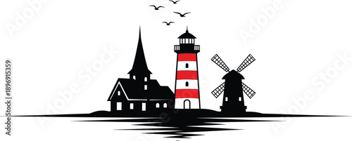 Silhouette of a church lighthouse and windmill on a small island with birds flying overhead