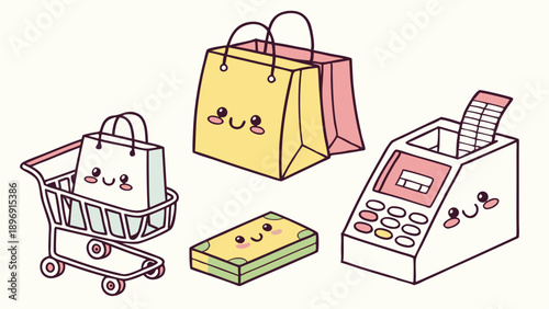 Cute Kawaii Shopping Cart Bags Money and Cash Register Icons for Retail Sales and E-commerce Web Design Fun Purchase Transaction