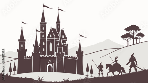 Medieval Knight Riders Approaching Majestic Fantasy Castle Silhouette for Epic Adventure Game Design or Storybook Illustration