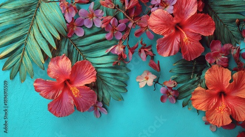 Tropical Floral Harmony: A vibrant tableau of exotic blooms, each petal and leaf carefully arranged in a harmonious dance of color and texture against a calming backdrop.